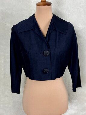 Vintage 50s 60s Navy Blue 3/4 Sleeve Cropped Big Button Bolero Jacket M